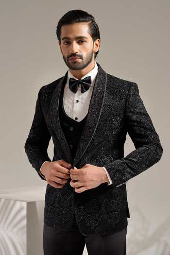 ZOOP MEN Black Cotton, Velvet, Rayon Tuxedo Jacket And Trouser Set Online at Aza Fashions ZOOP MEN_Black Cotton, Velvet, Rayon Tuxedo Jacket And Trouser Set _Online_at_Aza_Fashions