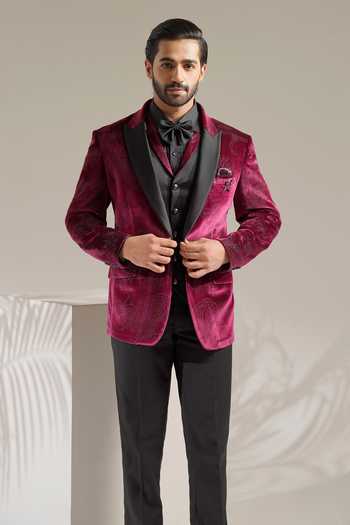 ZOOP MEN_Wine Cotton, Velvet, Rayon, Terrycloth Tuxedo Jacket And Pant Set _Online_at_Aza_Fashions