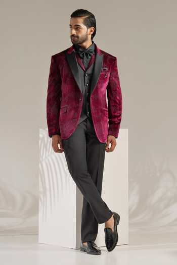 Buy_ZOOP MEN_Wine Cotton, Velvet, Rayon, Terrycloth Tuxedo Jacket And Pant Set _Online_at_Aza_Fashions