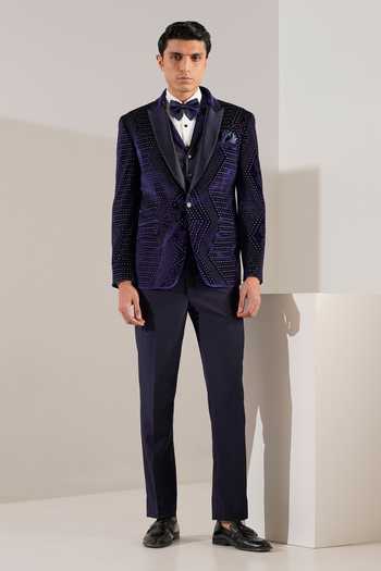 ZOOP MEN_Blue Velvet, Rayon, , Geometric Pattern Tuxedo Jacket And Trouser Set _Online_at_Aza_Fashions