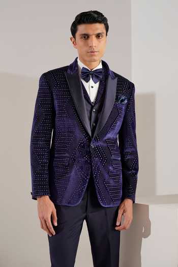 Buy_ZOOP MEN_Blue Velvet, Rayon, , Geometric Pattern Tuxedo Jacket And Trouser Set _Online_at_Aza_Fashions