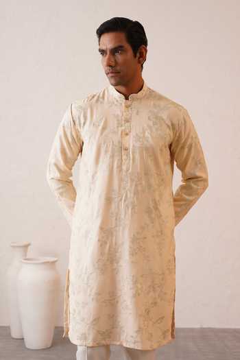 Buy_ZOOP MEN_Cream Cotton, Lycra, Polyester Zari Embroidered Kurta And Pant Set _Online_at_Aza_Fashions