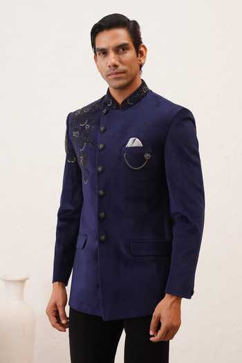 ZOOP MEN_Navy Velvet, Rayon Embroidery Hand Bandhgala And Trouser Set _Online_at_Aza_Fashions