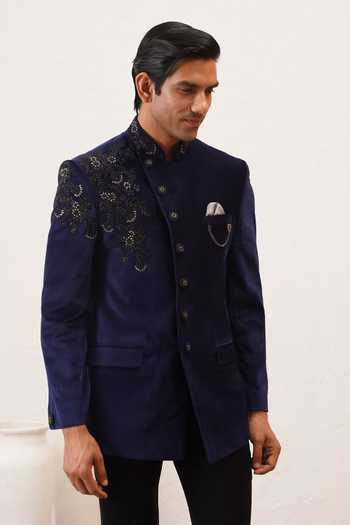 Buy_ZOOP MEN_Navy Velvet, Rayon Embroidery Hand Bandhgala And Trouser Set _Online_at_Aza_Fashions