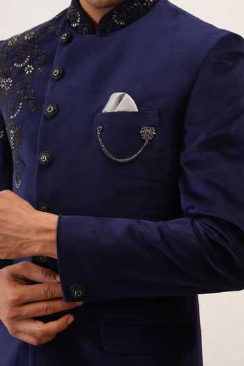 Shop_ZOOP MEN_Navy Velvet, Rayon Embroidery Hand Bandhgala And Trouser Set _Online_at_Aza_Fashions