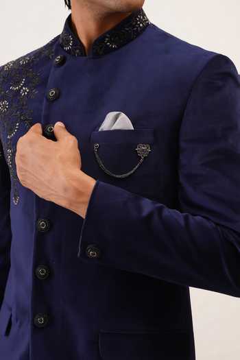 ZOOP MEN_Navy Velvet, Rayon Embroidery Hand Bandhgala And Trouser Set _at_Aza_Fashions