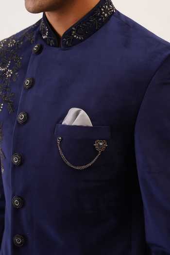 Buy_ZOOP MEN_Navy Velvet, Rayon Embroidery Hand Bandhgala And Trouser Set 
