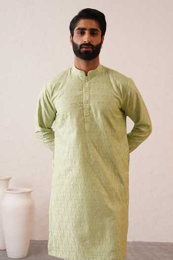 Buy_ZOOP MEN_Green Silk, Cotton, Lycra, Polyester Benarasi Kurta And Pant Set _Online_at_Aza_Fashions