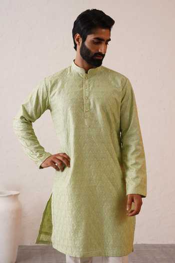 ZOOP MEN_Green Silk, Cotton, Lycra, Polyester Benarasi Kurta And Pant Set _at_Aza_Fashions