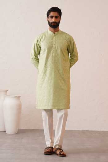 Buy_ZOOP MEN_Green Silk, Cotton, Lycra, Polyester Benarasi Kurta And Pant Set 