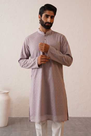 ZOOP MEN_Mauve Silk, Cotton, Lycra, Polyester Tonal Embroidered Kurta Set _Online_at_Aza_Fashions