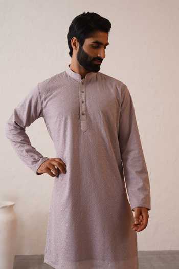 Buy_ZOOP MEN_Mauve Silk, Cotton, Lycra, Polyester Tonal Embroidered Kurta Set _Online_at_Aza_Fashions
