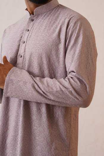 ZOOP MEN_Mauve Silk, Cotton, Lycra, Polyester Tonal Embroidered Kurta Set _at_Aza_Fashions