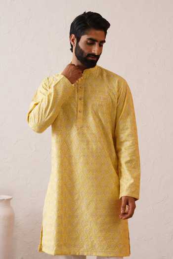 Buy_ZOOP MEN_Yellow Silk, Cotton, Cambric Benarasi Embroidered Kurta And Pant Set _Online_at_Aza_Fashions