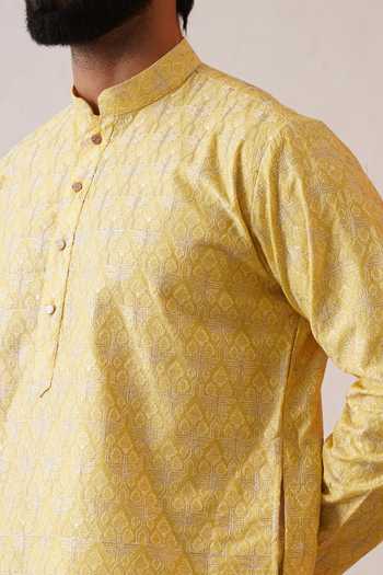 ZOOP MEN_Yellow Silk, Cotton, Cambric Benarasi Embroidered Kurta And Pant Set _at_Aza_Fashions