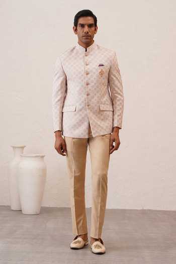 Buy_ZOOP MEN_Pink Satin, Polyester, Silk, Rayon Jacquard Bandhgala Set _Online_at_Aza_Fashions