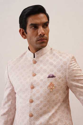 Shop_ZOOP MEN_Pink Satin, Polyester, Silk, Rayon Jacquard Bandhgala Set _Online_at_Aza_Fashions