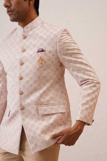 ZOOP MEN_Pink Satin, Polyester, Silk, Rayon Jacquard Bandhgala Set _at_Aza_Fashions