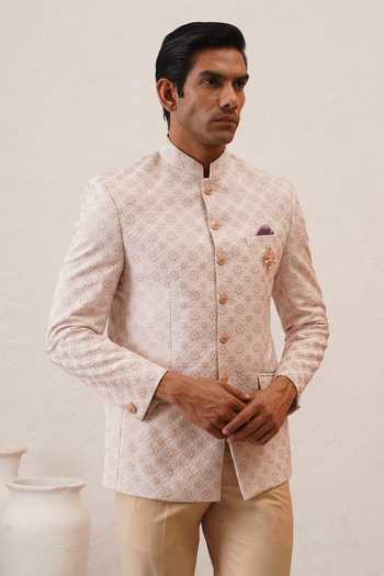 Shop_ZOOP MEN_Pink Satin, Polyester, Silk, Rayon Jacquard Bandhgala Set 