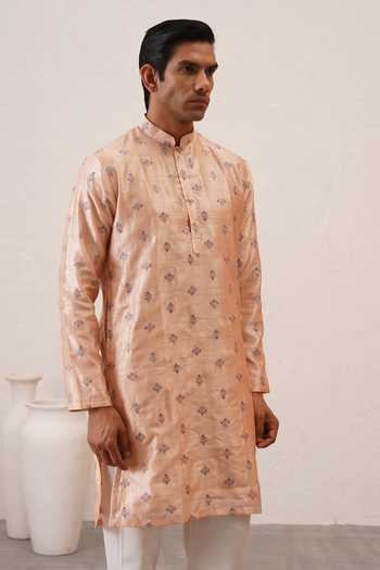 ZOOP MEN_Peach Silk, Cotton, Lycra, Polyester Benarasi Kurta Set _Online_at_Aza_Fashions