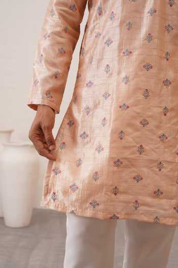 Buy_ZOOP MEN_Peach Silk, Cotton, Lycra, Polyester Benarasi Kurta Set _Online_at_Aza_Fashions