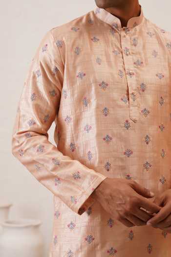 Shop_ZOOP MEN_Peach Silk, Cotton, Lycra, Polyester Benarasi Kurta Set _Online_at_Aza_Fashions