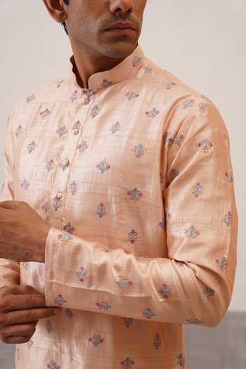 ZOOP MEN_Peach Silk, Cotton, Lycra, Polyester Benarasi Kurta Set _at_Aza_Fashions