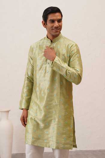 ZOOP MEN_Green Silk, Cotton, Polyester, Lycra Zari Embroidered Kurta Set _Online_at_Aza_Fashions