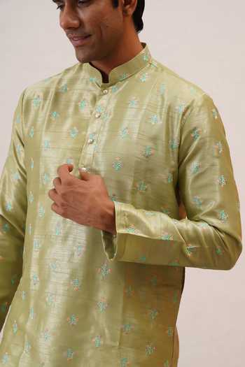 Buy_ZOOP MEN_Green Silk, Cotton, Polyester, Lycra Zari Embroidered Kurta Set _Online_at_Aza_Fashions