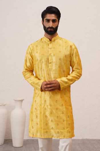 Buy_ZOOP MEN_Yellow Silk, Cotton, Lycra, Polyester Benarasi Kurta And Pant Set _Online_at_Aza_Fashions
