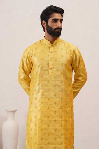 Shop_ZOOP MEN_Yellow Silk, Cotton, Lycra, Polyester Benarasi Kurta And Pant Set _Online_at_Aza_Fashions