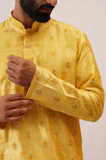 ZOOP MEN_Yellow Silk, Cotton, Lycra, Polyester Benarasi Kurta And Pant Set _at_Aza_Fashions