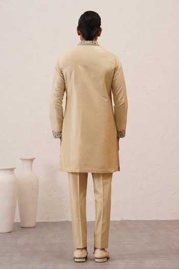 ZOOP MEN_Green Velvet, Polyester, Silk Embroidered Bundi Kurta Set _Online_at_Aza_Fashions