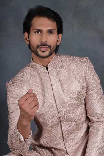 ZOOP MEN_Rose Gold Silk, Jacquard, Polyester Embroidered Sherwani And Pant Set _Online_at_Aza_Fashions