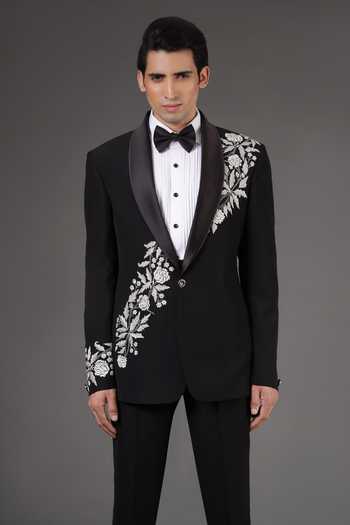 Buy ZOOP MEN Black Jacquard, Cotton Placed Floral Embroidered Tuxedo Set Online at Aza Fashions Buy_ZOOP MEN_Black Jacquard, Cotton Placed Floral Embroidered Tuxedo Set _Online_at_Aza_Fashions