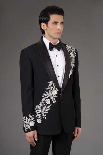Shop ZOOP MEN Black Jacquard, Cotton Placed Floral Embroidered Tuxedo Set Online at Aza Fashions Shop_ZOOP MEN_Black Jacquard, Cotton Placed Floral Embroidered Tuxedo Set _Online_at_Aza_Fashions