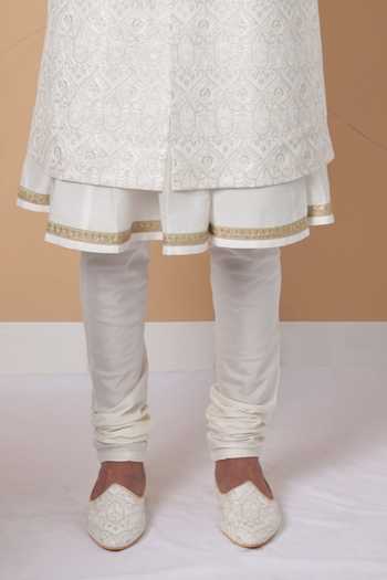 ZOOP MEN_White Jacquard, Polyester, Silk, Satin Tonal Embroidered Sherwani Set _Online_at_Aza_Fashions