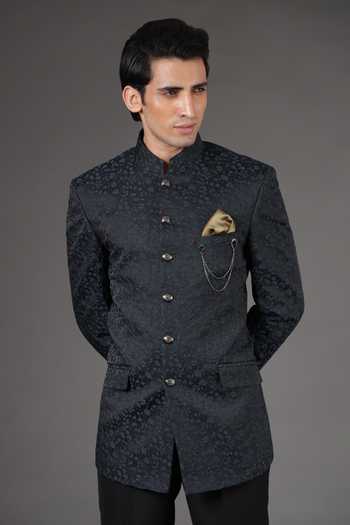 Buy_ZOOP MEN_Blue Jacquard, Rayon Embroidery Bandhgala And Trouser Set _Online_at_Aza_Fashions