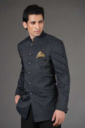 Shop_ZOOP MEN_Blue Jacquard, Rayon Embroidery Bandhgala And Trouser Set _Online_at_Aza_Fashions