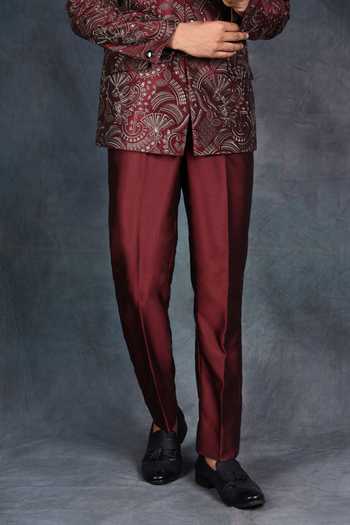 ZOOP MEN Red Jacquard, Rayon Embroidered Bandhgala Set Online at Aza Fashions ZOOP MEN_Red Jacquard, Rayon Embroidered Bandhgala Set _Online_at_Aza_Fashions