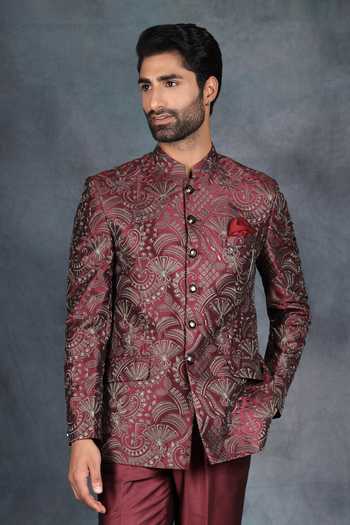 Buy ZOOP MEN Red Jacquard, Rayon Embroidered Bandhgala Set Online at Aza Fashions Buy_ZOOP MEN_Red Jacquard, Rayon Embroidered Bandhgala Set _Online_at_Aza_Fashions