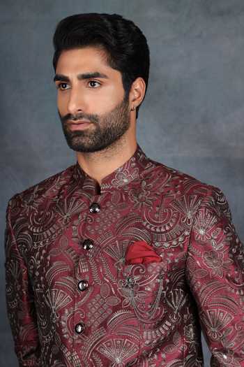 Shop ZOOP MEN Red Jacquard, Rayon Embroidered Bandhgala Set Online at Aza Fashions Shop_ZOOP MEN_Red Jacquard, Rayon Embroidered Bandhgala Set _Online_at_Aza_Fashions