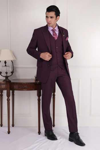 ZOOP MEN_Wine Cotton Structured Suit Jacket And Trouser Set _Online_at_Aza_Fashions