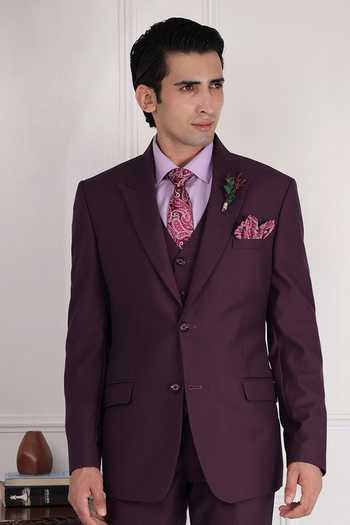 Shop_ZOOP MEN_Wine Cotton Structured Suit Jacket And Trouser Set _Online_at_Aza_Fashions