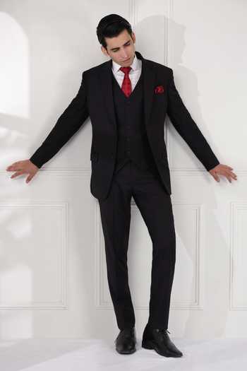 Shop ZOOP MEN Black Satin, Notch Lapel Suit Trouser Set Online at Aza Fashions Shop_ZOOP MEN_Black Satin, Notch Lapel Suit Trouser Set _Online_at_Aza_Fashions