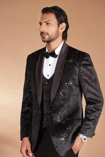 ZOOP MEN_Grey Velvet, Cotton Embroidered Tuxedo Set _Online_at_Aza_Fashions