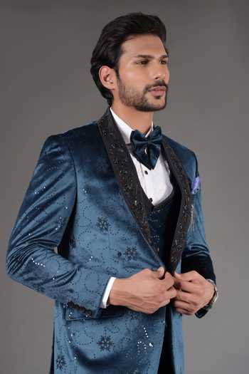 ZOOP MEN_Blue Velvet, Satin, Embellished Tuxedo Jacket And Trouser Set _Online_at_Aza_Fashions