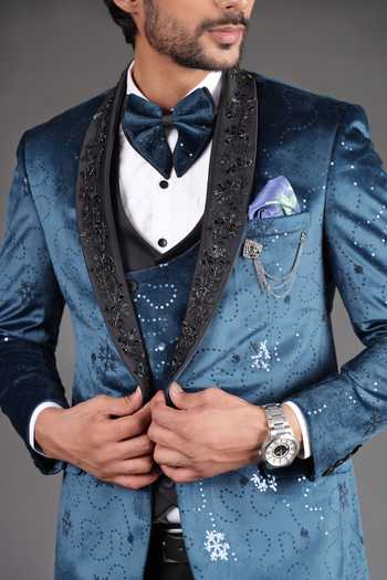 Buy_ZOOP MEN_Blue Velvet, Satin, Embellished Tuxedo Jacket And Trouser Set _Online_at_Aza_Fashions