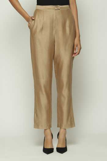 Buy_ABRAHAM AND THAKORE_Beige Chanderi Plain Trouser 