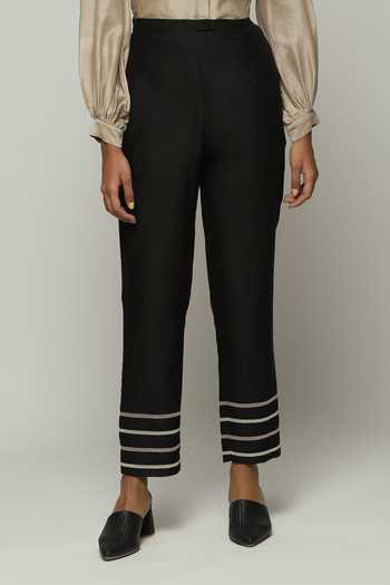 ABRAHAM AND THAKORE_Black Chanderi Lace Embellished Hem Trouser _at_Aza_Fashions